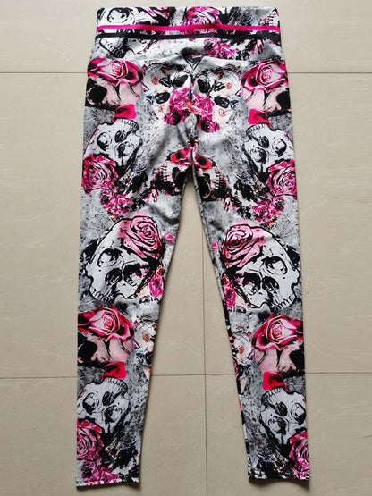 Floral&Skull Print Skinny Leg Wrap High-Waisted Leggings