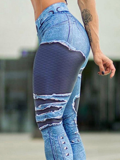 Printed Denim Patchwork Hip-Lift Sport Legging