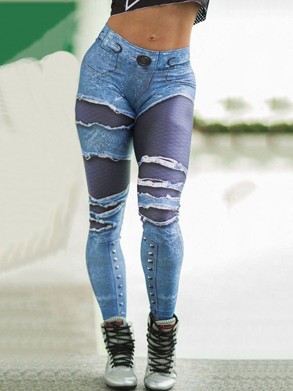 Printed Denim Patchwork Hip-Lift Sport Legging