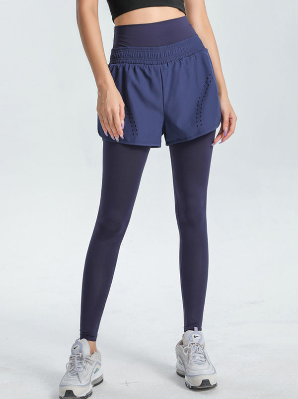 False Two Wrap High-Waisted Solid Color Sports Shorts&Leggings