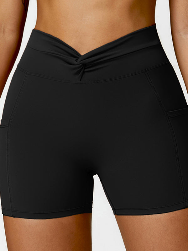 Skinny Leg Wrap Knot Pockets Solid Color Sports Shorts