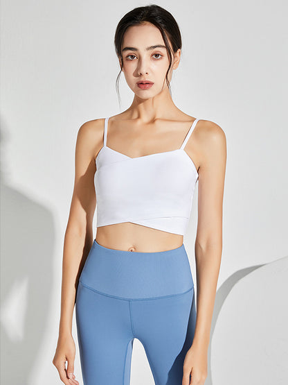 Detachable Hollow Solid Color Spaghetti-Neck Sports Bra