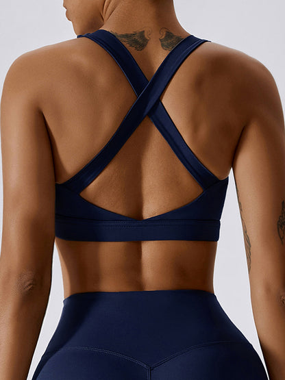 Skinny Wrap Back Cross Hollow Solid Color Square-Neck Sports Bra