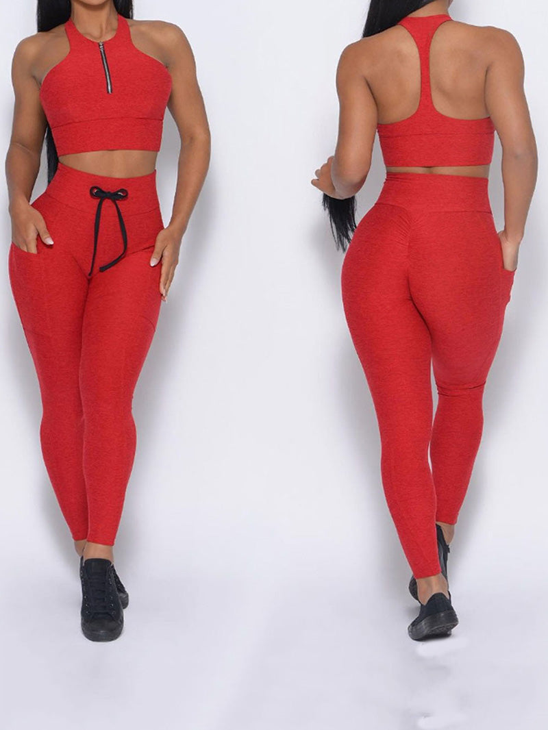 Backless Bra & Peach Hip Drawstring Legging Fitness Suit