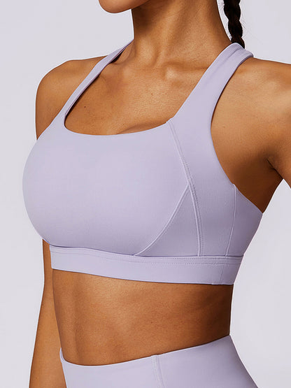 Skinny Wrap Back Cross Hollow Solid Color Square-Neck Sports Bra