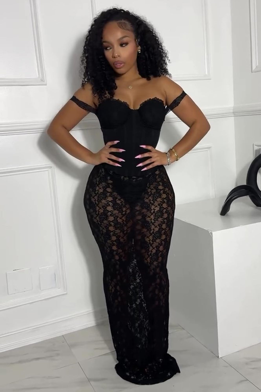 Off Shoulder Corset Lace Sheer Maxi Skirt Party 2pcs Set-Black [Pre Order]