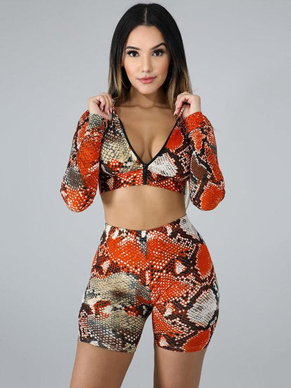 Snake Printed Crop Hoodies And Shorts Suits