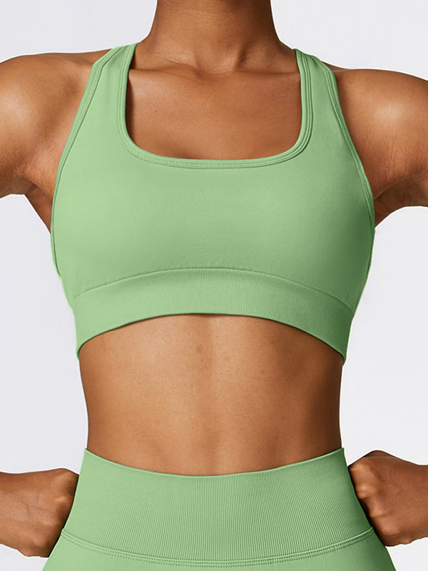 Wrap Back Cross Hollow Solid Color Square-Neck Sports Bra