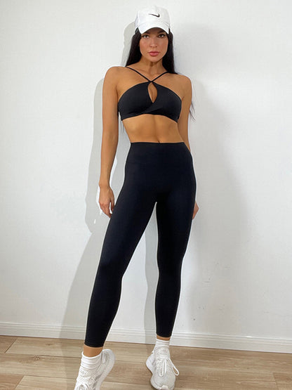 Wrap Skinny Hollow Solid Color Halter-Neck Sports Bra&Leggings Yoga Suits