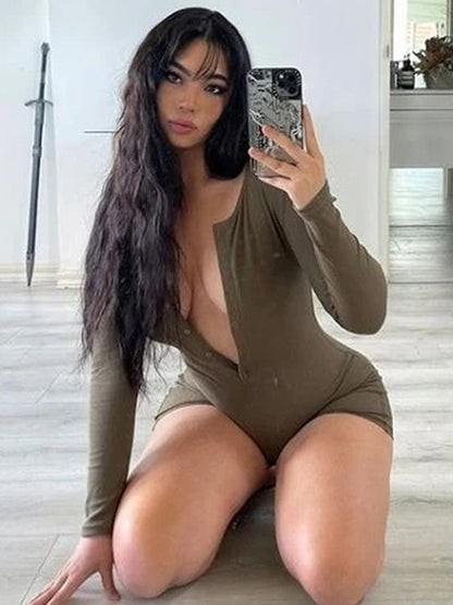 Cotton Fashion Sexy Long Sleeved Shorts Round Neck Rompers