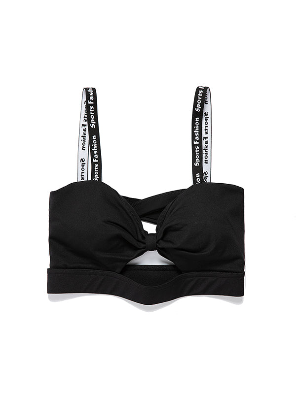 Wrap Back Cross Hollow Letter Print Solid Color Spaghetti-Neck Sports Bra