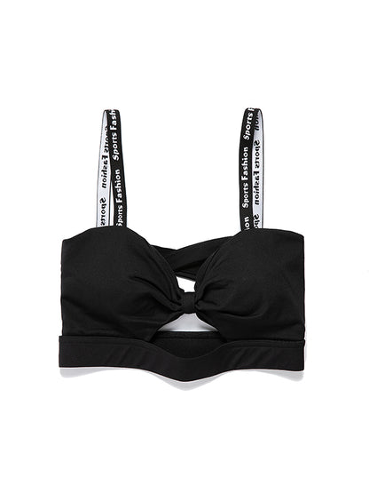 Wrap Back Cross Hollow Letter Print Solid Color Spaghetti-Neck Sports Bra