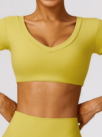 Long Sleeves Wrap Solid Color V-Neck Yoga Tops