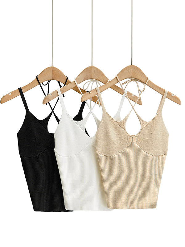 Spaghetti-Neck Solid Color Deep V-Neck Backless Vest Top