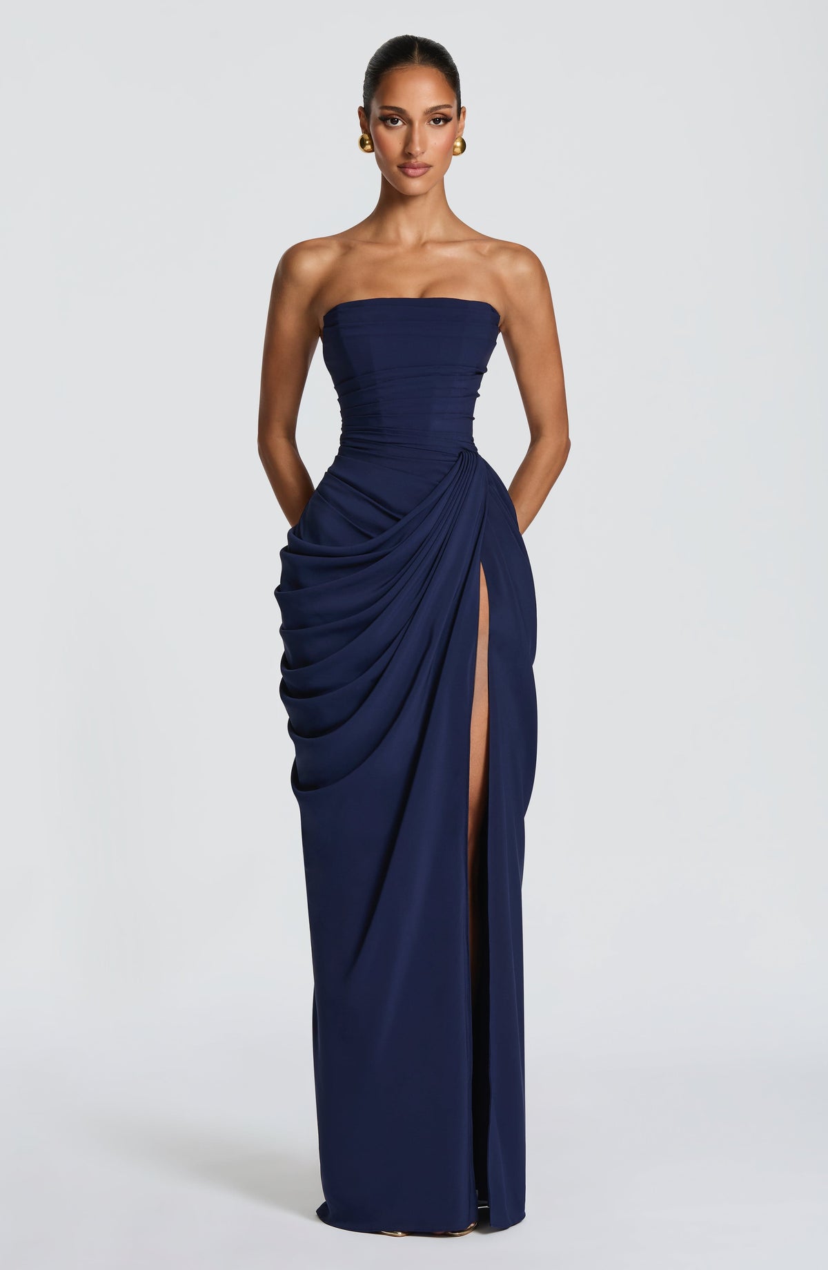 Strapless Ruched Slit Maxi Dress