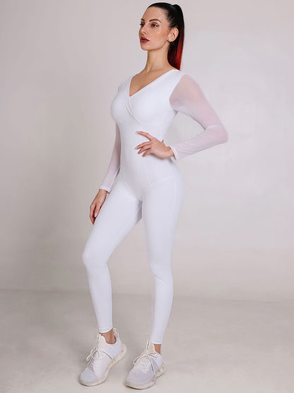 Skinny Wrap Mesh Solid Color Split-Joint V-Neck Jumpsuits