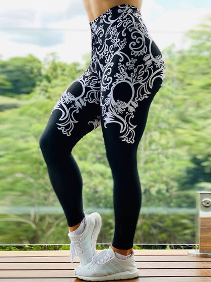 Black White Printing Tight Fitting High Waist  Leggings