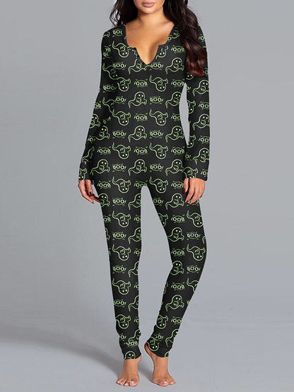 Wrap Halloween Ghost Printed V-Neck Jumpsuits