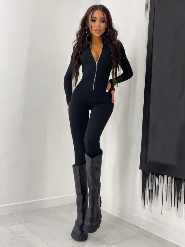 Long Sleeves Skinny Solid Color Zipper Round-Neck Jumpsuits