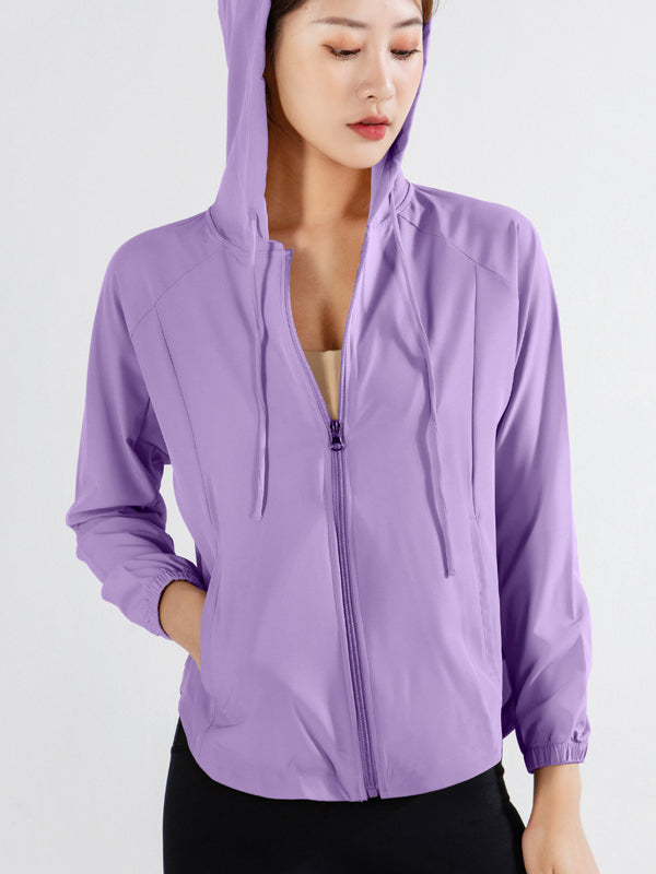 Long Sleeves Loose Hood Pockets Solid Color Zipper Yoga Tops