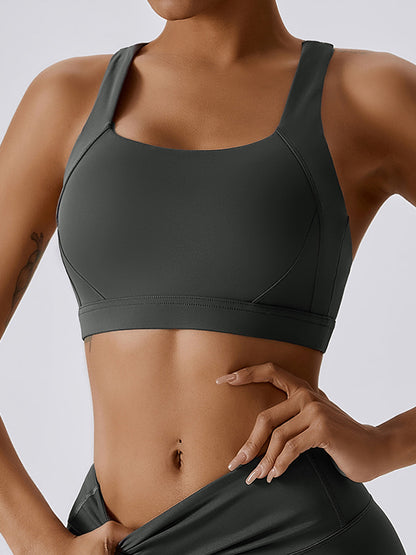 Skinny Wrap Back Cross Hollow Solid Color Square-Neck Sports Bra