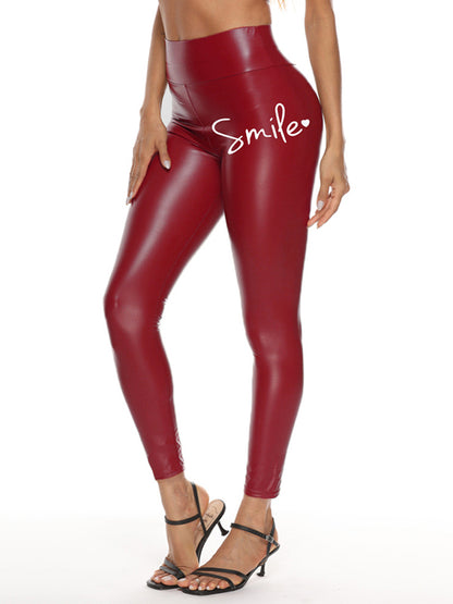 Letter Print High Waisted Leather Leggings