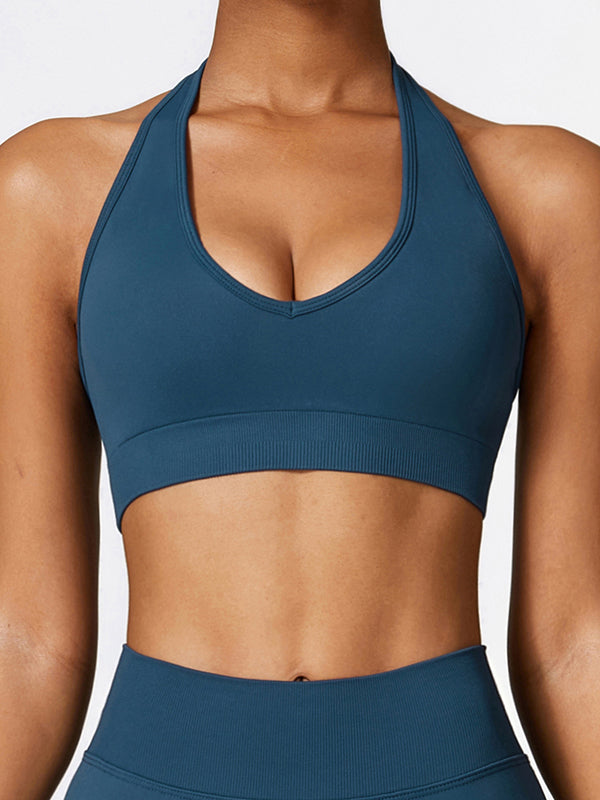 Skinny Wrap Backless Solid Color Halter-Neck Sports Bra