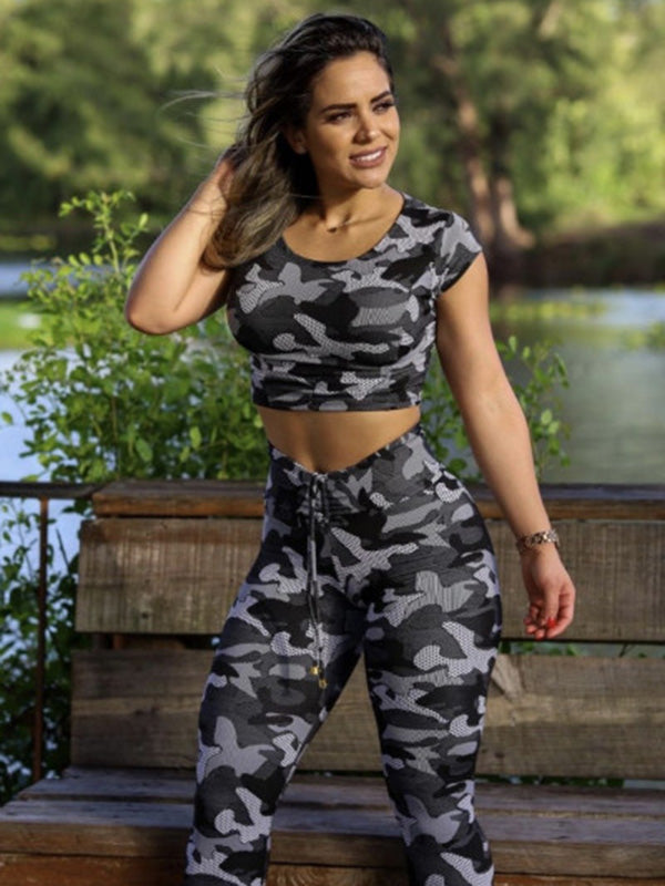 Camouflage Short Sleeve Top&High-Waisted Leggings Sports Suit