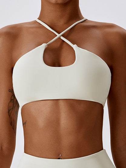 Padded Back Cross Hollow Solid Color Halter-Neck Sports Bra