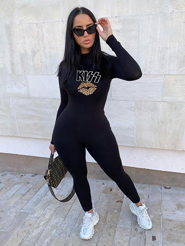 Leisure Lips Print Round-Neck Long Sleeve Yoga&Gym Jumpsuit