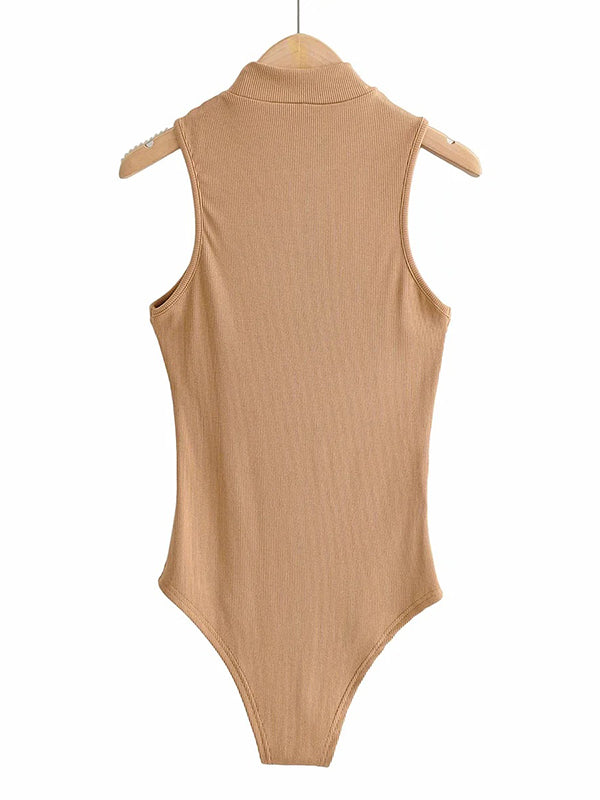 Sleeveless Wrap Solid Color High-Neck Bodysuits