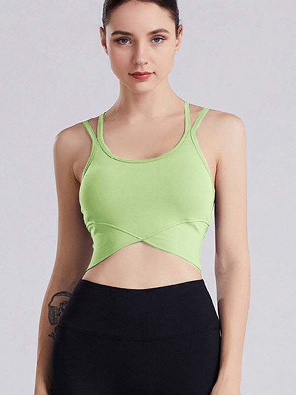 Wrap Back Cross Hollow Solid Color Spaghetti-Neck Sports Bra