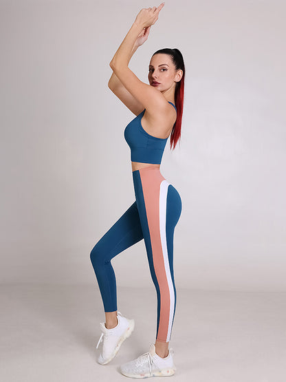 Nude Color Contrast Stitching High Elastic Sports Fitness Suit