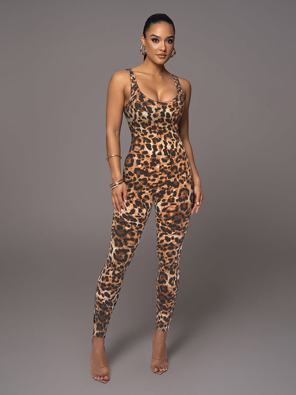 Skinny Contrast Color Leopard Snakeskin Spaghetti-Neck Jumpsuits