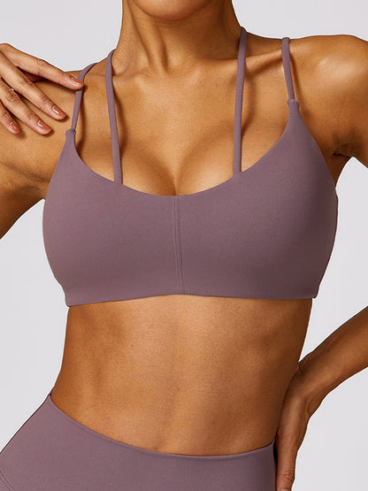 Wrap Hollow Solid Color Spaghetti-Neck Sports Bra