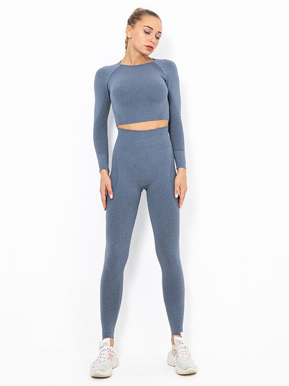 Seamless Knitting Long Sleeves Mdriff Baring Gym Suits