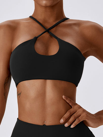 Padded Back Cross Hollow Solid Color Halter-Neck Sports Bra