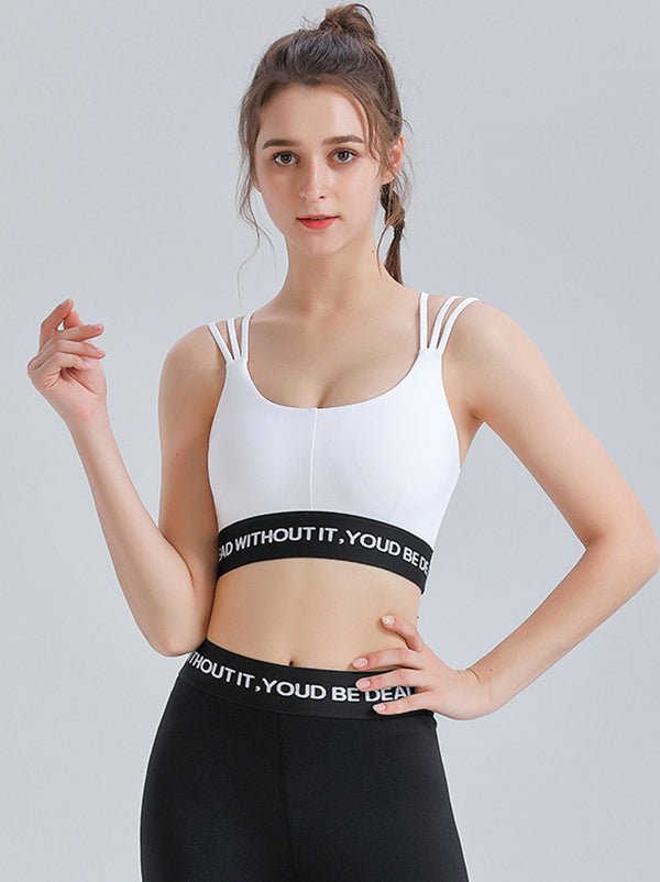 Wrap Back Cross Hollow Letter Print U-Neck Sports Bra