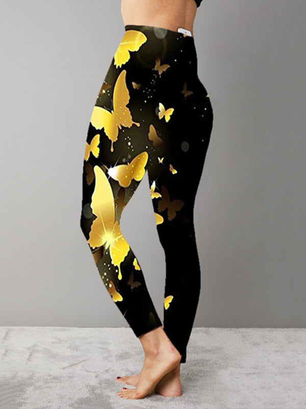 Printed Denim Butterfly High Waist Leggings