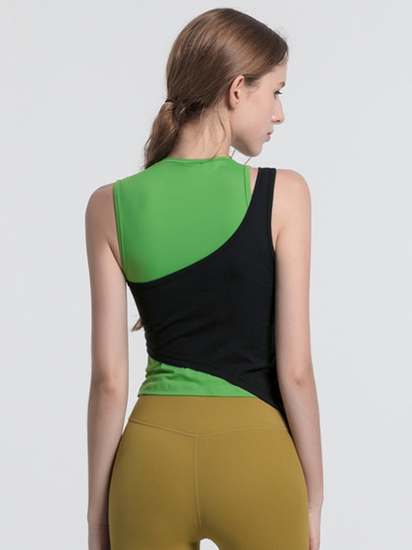 Sleeveless Wrap Color-Block Round-Neck Yoga Vest Tops