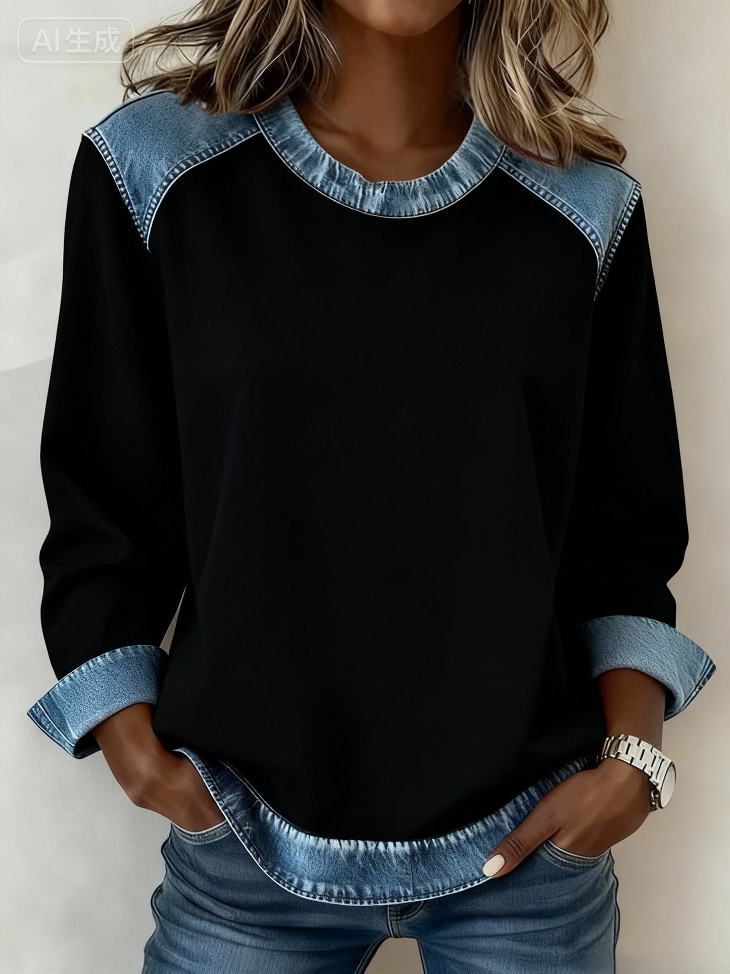 Women'S Casual Patchwork Christmas Brooch Pullover Top (Detachable Brooch)