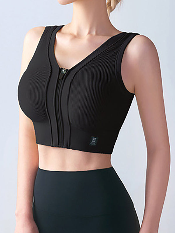 Skinny Wrap Solid Color Zipper Spaghetti-Neck Sports Bra