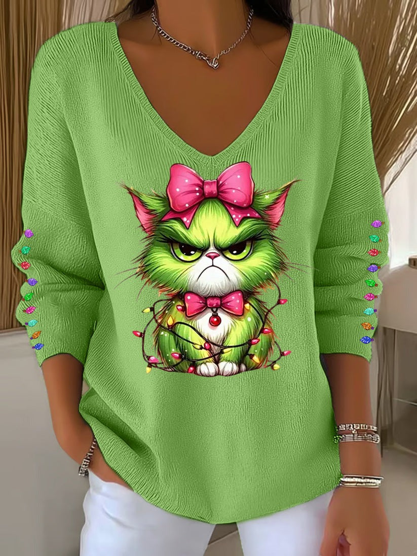 Fun Christmas Cat Casual V Neck Pullover Sweater