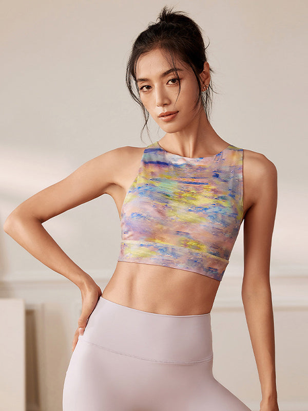 Back Cross Multi-Colored Printed Round-Neck Sports Bra