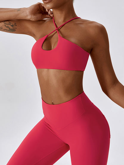 Padded Back Cross Hollow Solid Color Halter-Neck Sports Bra