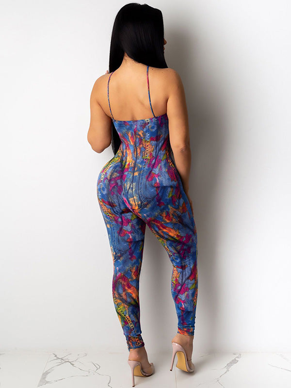 Denim Graffiti Print Lace Up Open Back Gym Jumpsuits