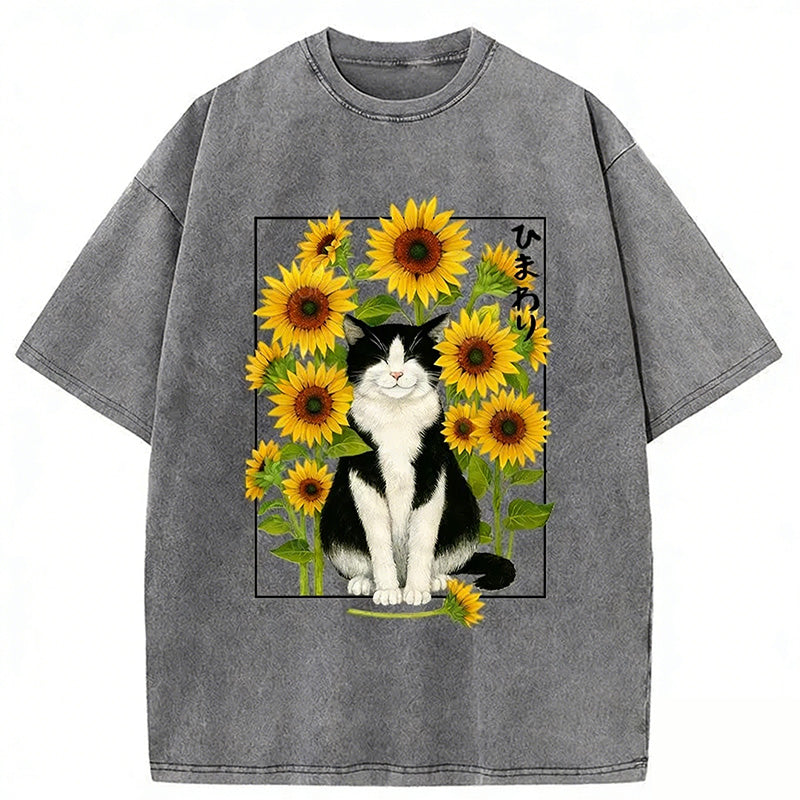 Funny Sunflower And Cat Poster Washed T-shirt