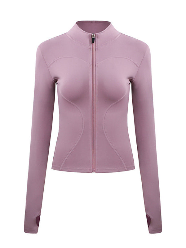 Long Sleeves Skinny Solid Color Zipper Stand Collar Yoga Tops