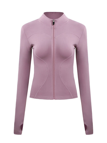 Long Sleeves Skinny Solid Color Zipper Stand Collar Yoga Tops