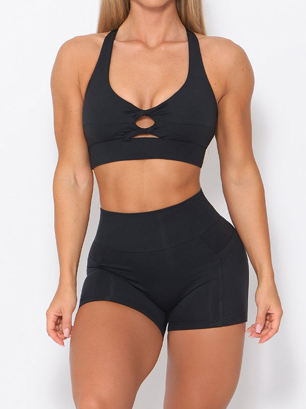 Skinny Wrap Hollow Halter-Neck Sports Bra&Pockets Shorts Solid Color Suits